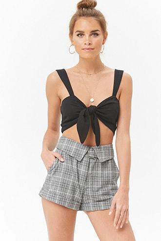 Forever 21 Belted Glen Plaid Shorts , Grey/black