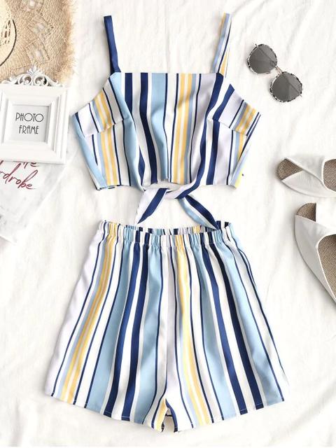 Conjunto De Pantalones Cortos Con Cintura Alta Y Cintura Ajustada De Tied Stripes Stripe
