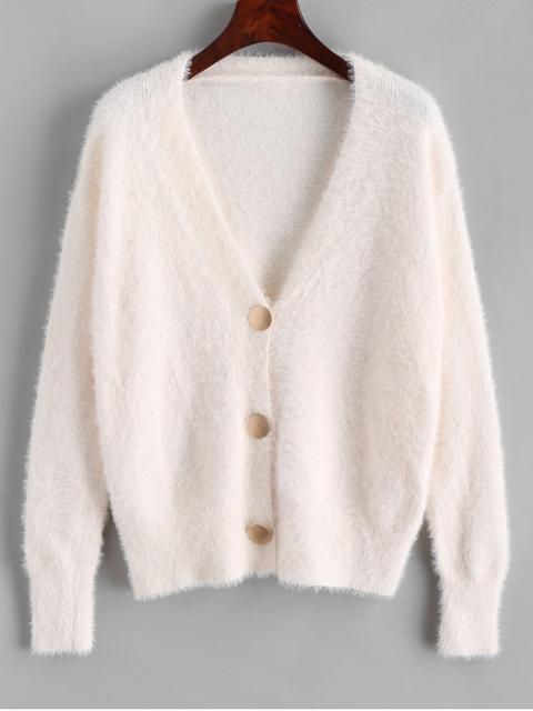 Botón Encima Del Sólido Esponjoso Cardigan White