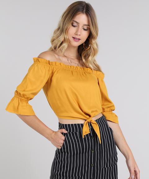 Blusa Feminina Ombro A Ombro Com Amarração Manga 3/4 Mostarda