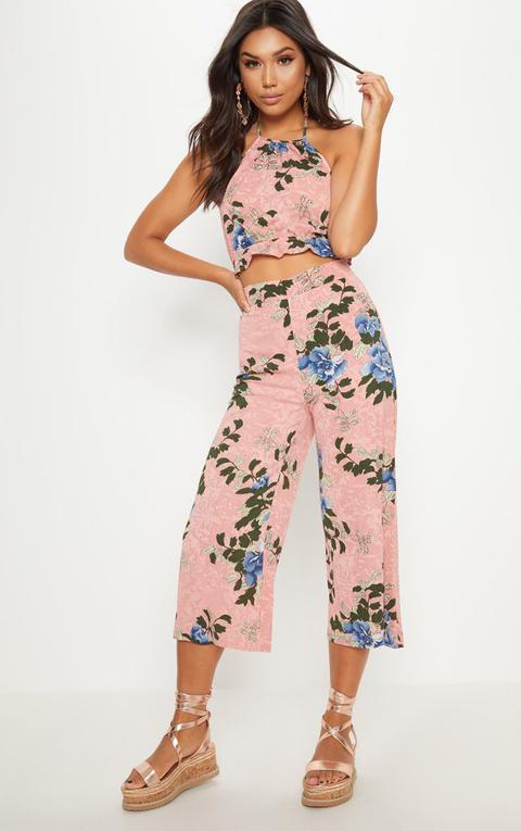 Pink Floral Printed Culotte, Pink