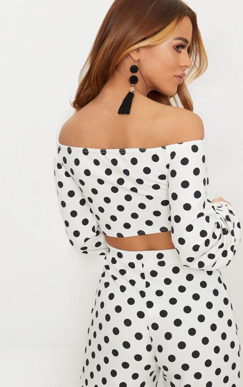 white polka dot bardot top
