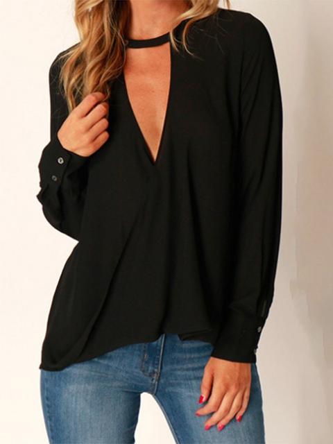 Black Cut Out Buttons Round Neck Fashion Blouse