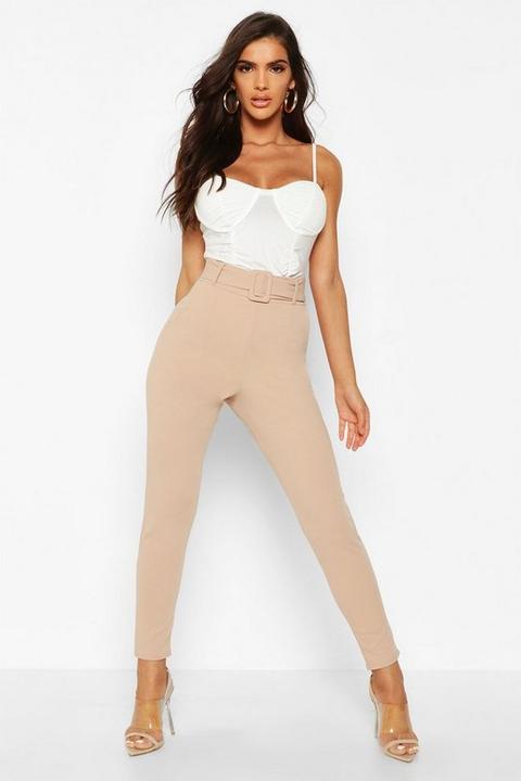 Womens Belted Cigarette Trousers - Beige - 14, Beige