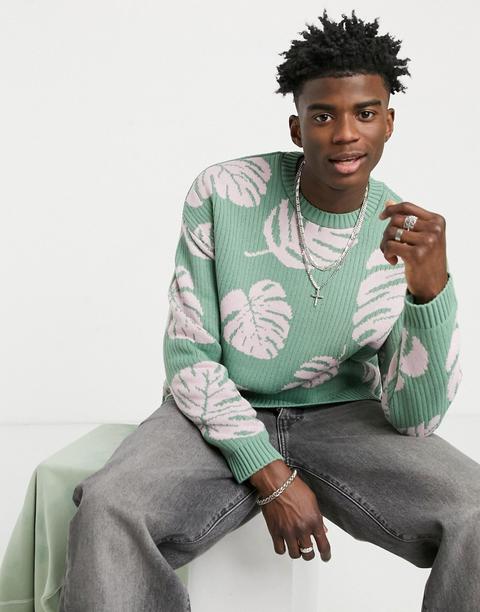 Asos Design Oversized Textured Jumper With Monstera Leaf Design In Sage Green