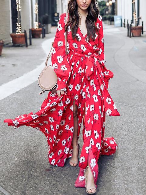 Floral Print Tied Waist Maxi Dress