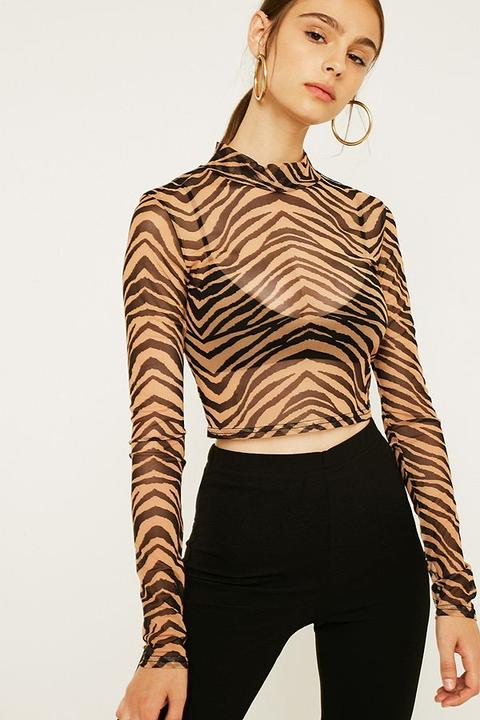 Uo Tiger Print Funnel Neck Mesh Top 