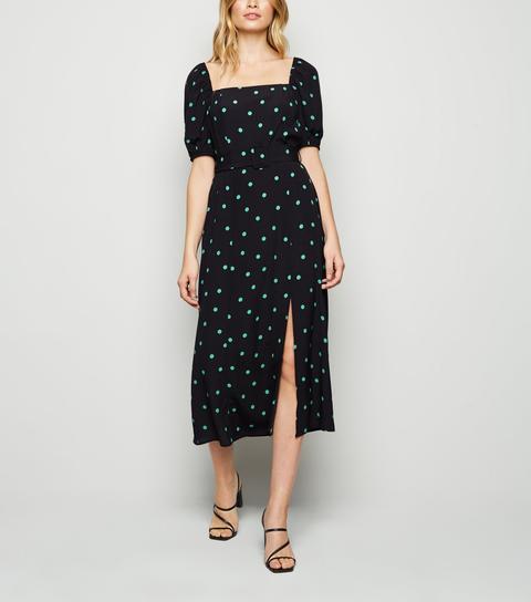 Black Spot Square Neck Belted Midi Dress New Look