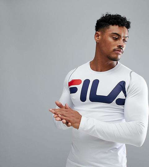 Fila Black Line Sport - Maglia A Maniche Lunghe A Compressione Bianca Con Logo Grande - Bianco