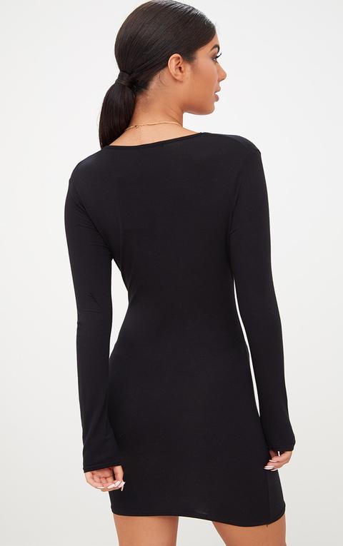 Black Jersey Extreme Plunge Long Sleeve Bodycon Dress