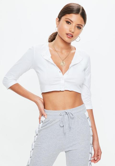 Petite White Button Through Crop Top, White