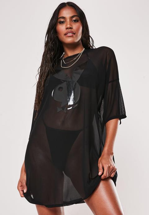 Robe T-shirt En Tulle Noire Playboy X Missguided