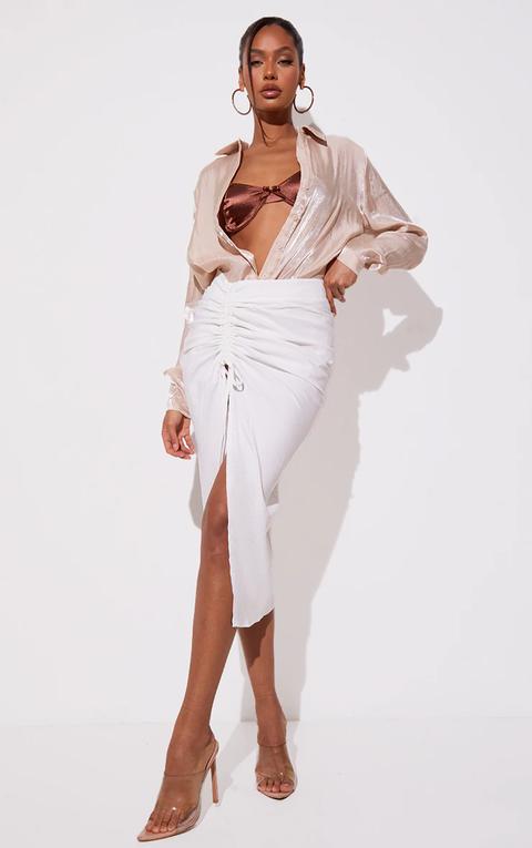 White Woven Ruched Detail Midi Skirt