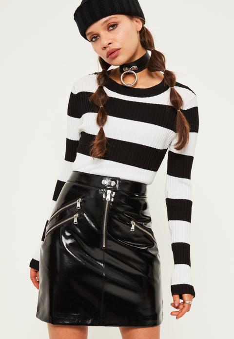 Black Wet Look Zip Front Mini Skirt