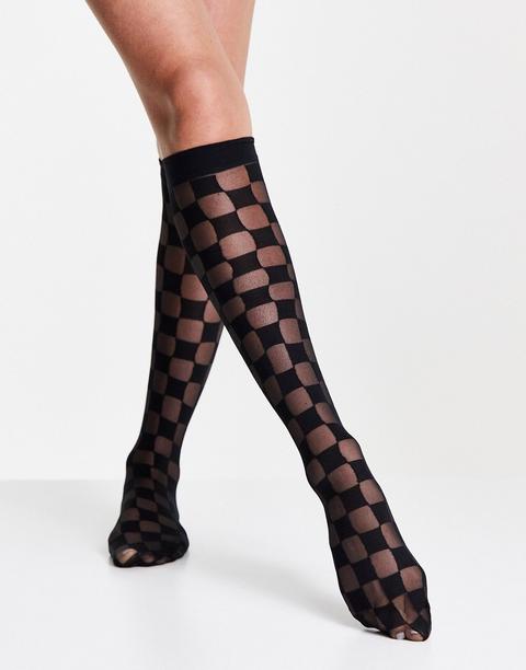 Asos Design Sheer Knee High Socks In Checkerboard Print In Black