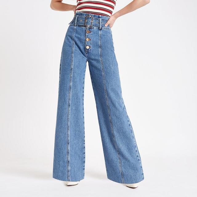 Mid Blue Belted Wide Leg Denim Jeans 