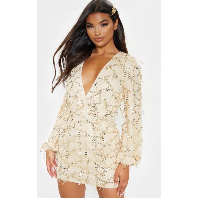 gold plunge sequin long sleeve bodycon dress
