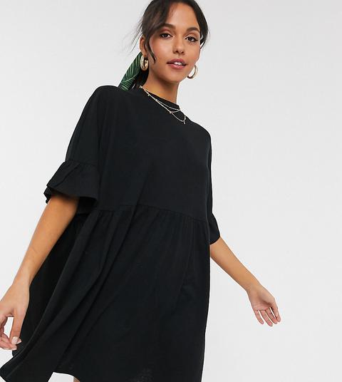 Asos Design Tall Super Oversized Frill Sleeve Smock Dress In Black