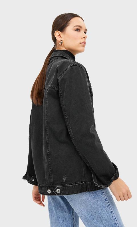 Stradivarius Oversized Ripped Denim Jacket Women Black S from