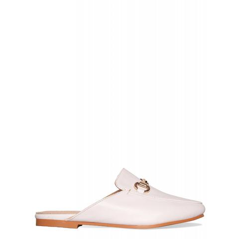 April White Gold Buckle Backless Loafers