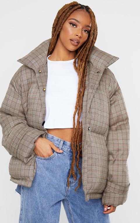 Brown Check Oversized Quilted Large Collar Puffer Coat