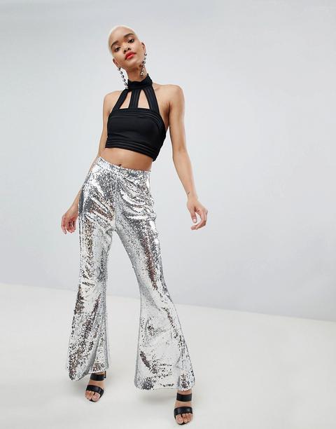 Lasula - Pantaloni Svasati Con Paillettes Argento - Argento