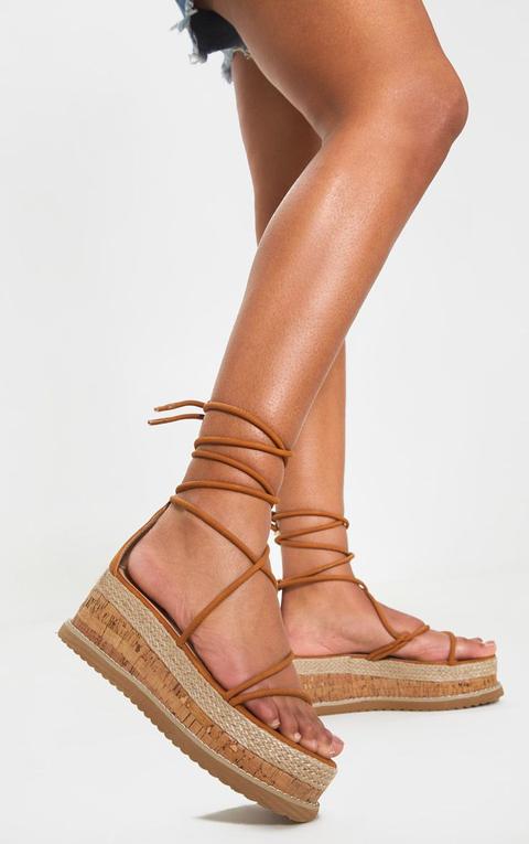 Tan Lace Up Strappy Flatform Sandal, Brown