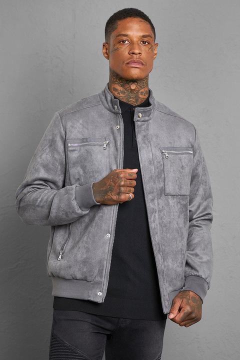 Mens Grey Suede Biker Bomber, Grey