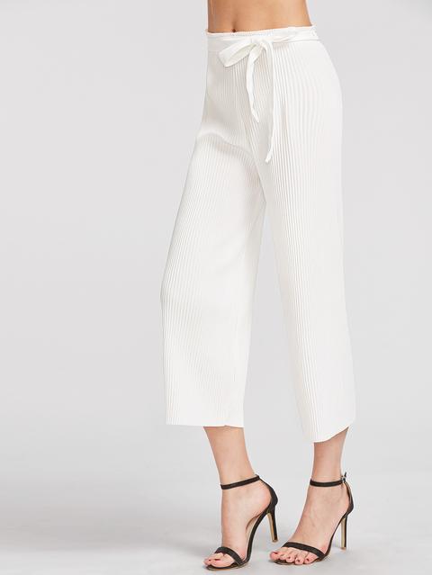 White Pleated Wide Leg Pants With Belt