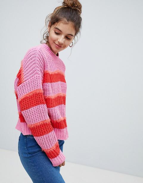 Bershka Striped Heavy Knitted Jersey Jumper - Pink