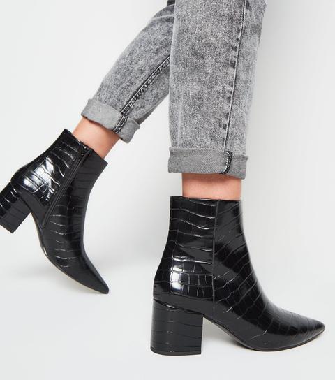 Black Faux Croc Pointed Ankle Boots New 