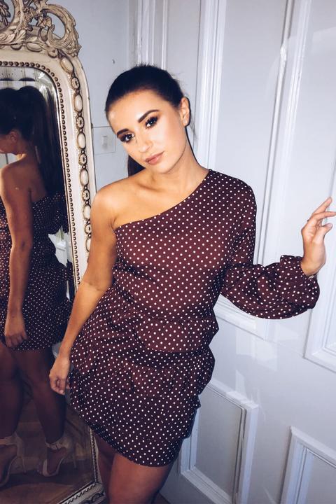 Brown Dresses - Dani Dyer Brown Polka Dot One Shoulder Frill Mini Dress