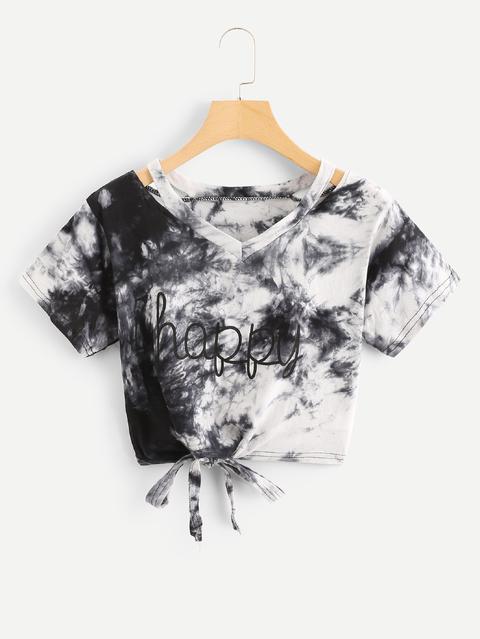 T-shirt Crop Con Motivo Batik E Nodo Sull'orlo