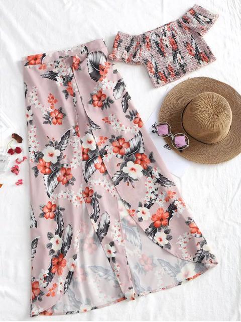 Conjunto De Falda Asimétrica Con Hombro Descubierto Floral