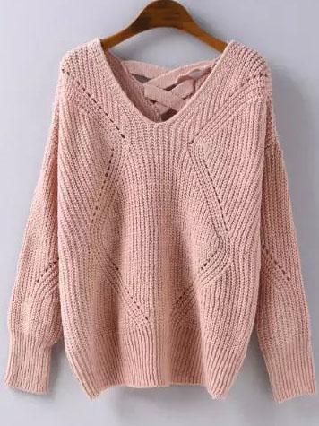 Pink Geometric Pattern Hollow Knit Sweater