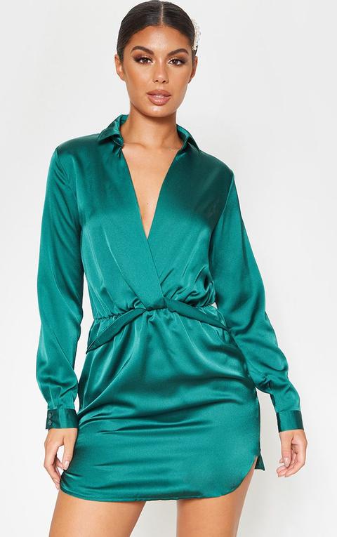 green silk shirt dress