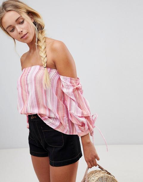 Qed London - Top A Righe Con Spalle Scoperte - Rosa