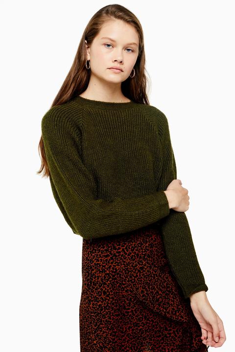 Womens Knitted Super Crop Jumper - Khaki, Khaki