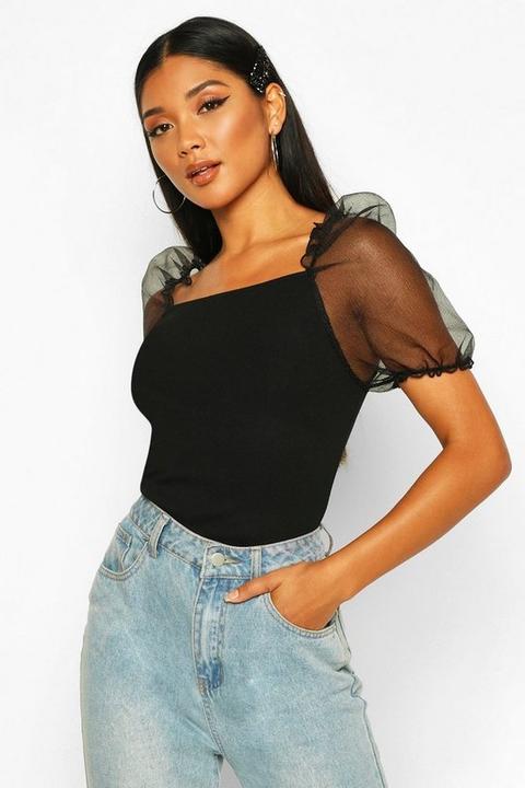 Womens Short Sleeve Organza Puff Sleeve Top - Black - S, Black