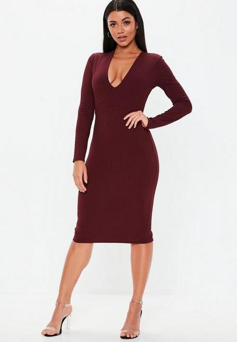 Burgundy Plunge Ribbed Slinky Midi Dress, Burgundy