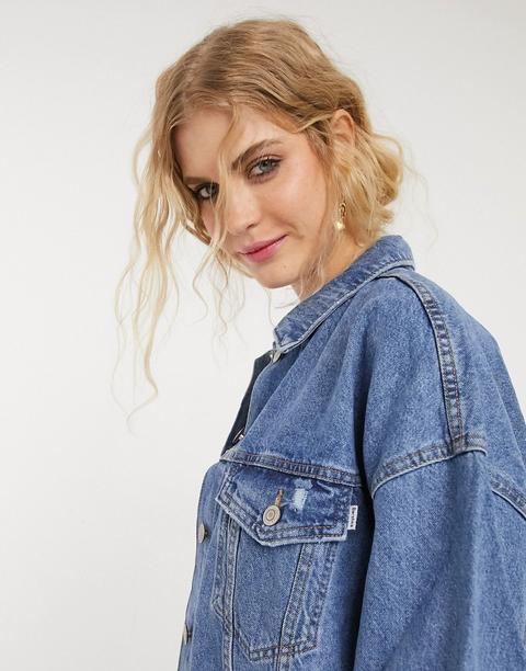 Bershka Oversized Denim Jacket In Medium Blue