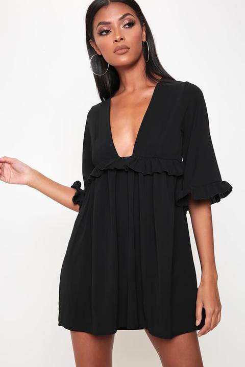 Black Ruffle Detail Plunge Smock Dress