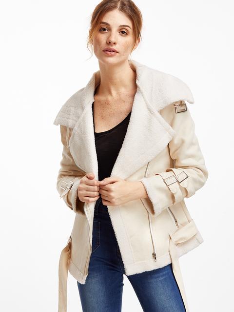 Chaqueta Suede Con Hebillas Con Cinturón - Beige