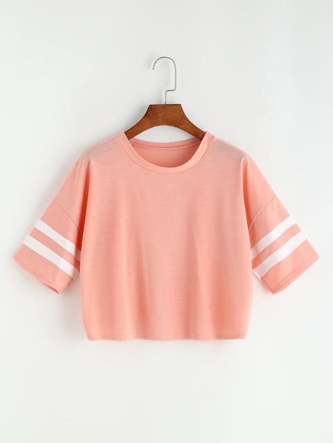 Rosa Varsity Righe Goccia Spalla Crop T-shirt