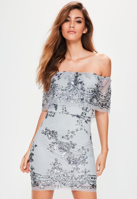 Silver Sequin Bardot Dress, Grey from 