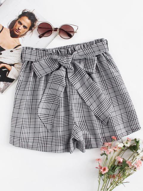 Pantaloncini Cintura Plaid Grigio Boho