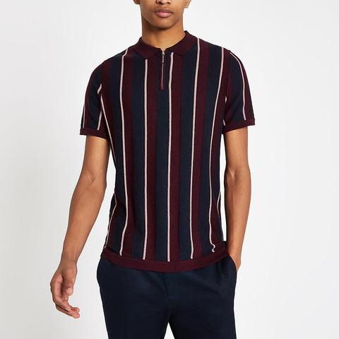 Burgundy Stripe Zip Slim Fit Polo Shirt