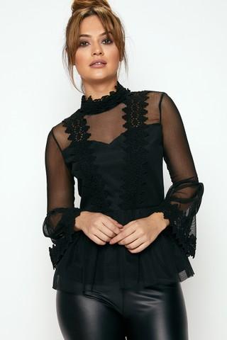 Yulia Black Mesh Bell Sleeve Blouse