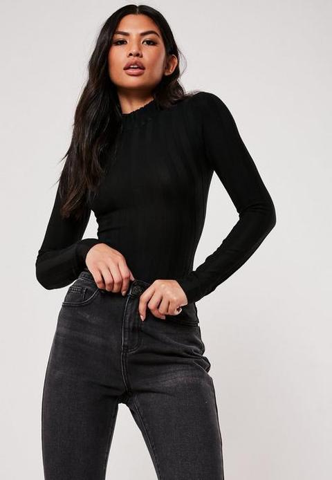 Black Extreme Ribbed High Neck Bodysuit, Black