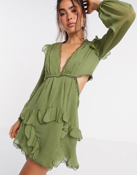 Minivestido De Manga Larga Con Detalle Circular De Asos Design-verde